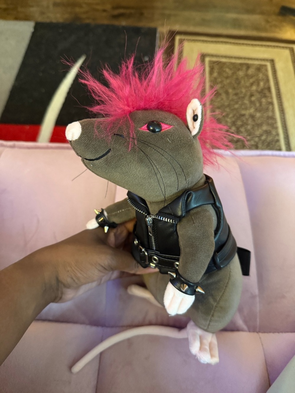 Dolls Kill Brown Punk Rat Plush with Hot Pink Hair and Black Leather Vest